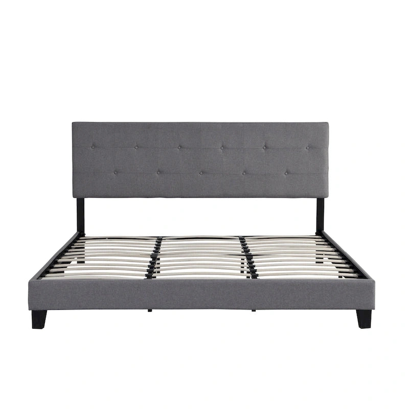Lit plateforme rembourré en lin gris avec tête de lit capitonnée et support à lattes en bois