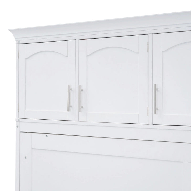 Lit mural pliable blanc avec meuble de rangement supérieur pleine grandeur