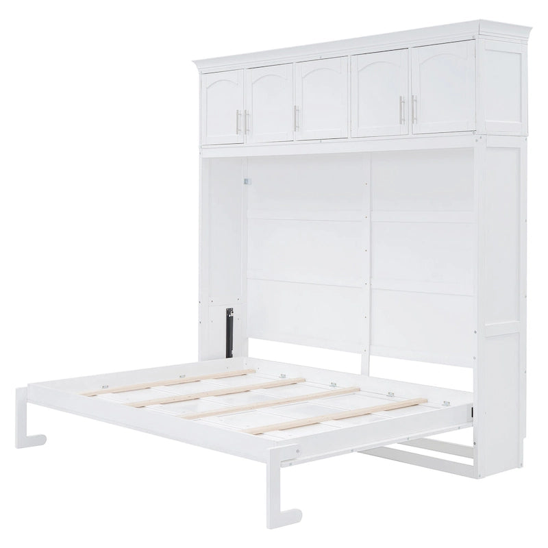Lit mural pliable blanc avec meuble de rangement supérieur pleine grandeur