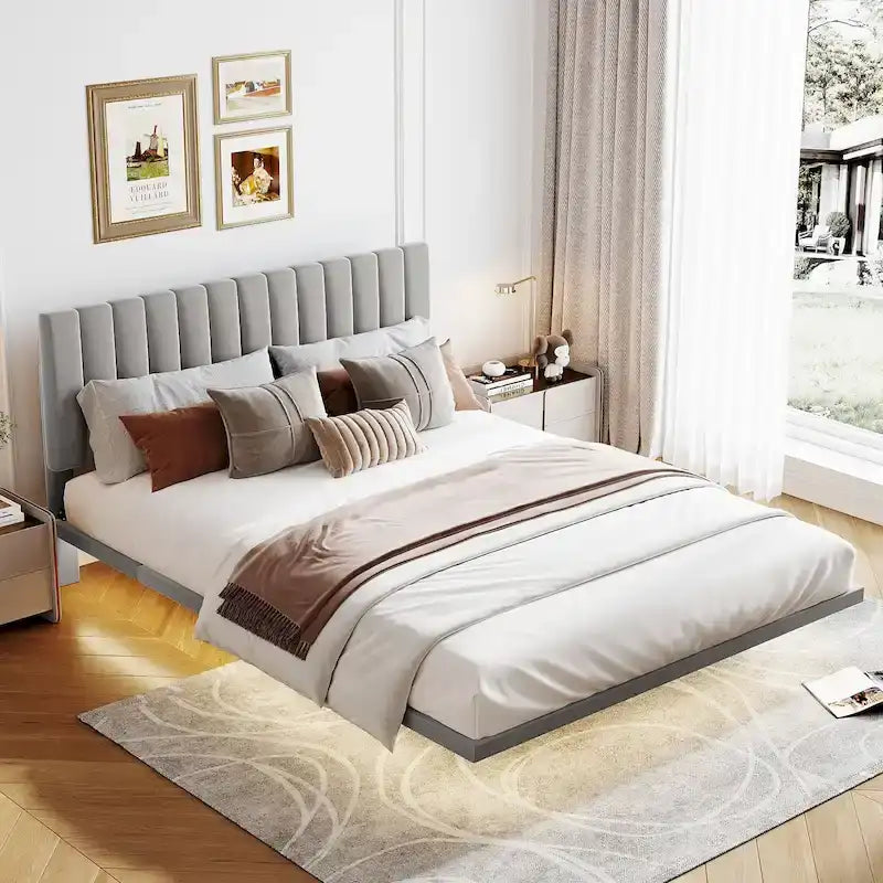 Lit plateforme en velours capitonné avec capteur de mouvement, tête de lit capitonnée gris rose beige