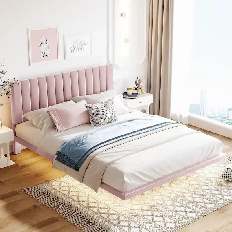 Lit plateforme en velours capitonné avec capteur de mouvement, tête de lit capitonnée gris rose beige
