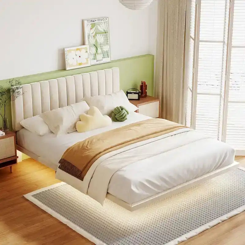 Lit plateforme en velours capitonné avec capteur de mouvement, tête de lit capitonnée gris rose beige