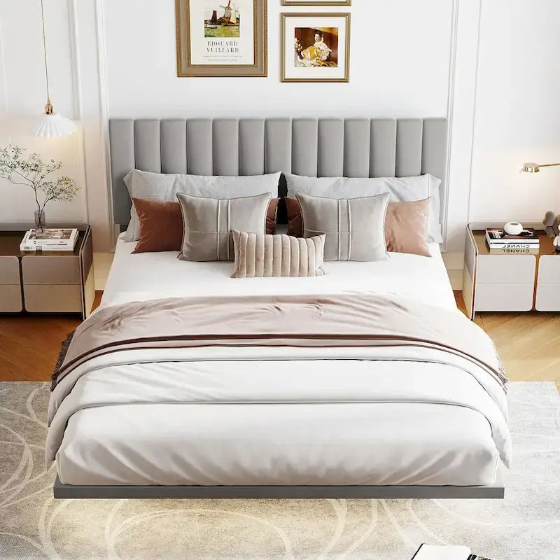 Lit plateforme en velours capitonné avec capteur de mouvement, tête de lit capitonnée gris rose beige