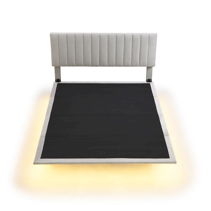 Lit plateforme en velours capitonné avec capteur de mouvement, tête de lit capitonnée gris rose beige