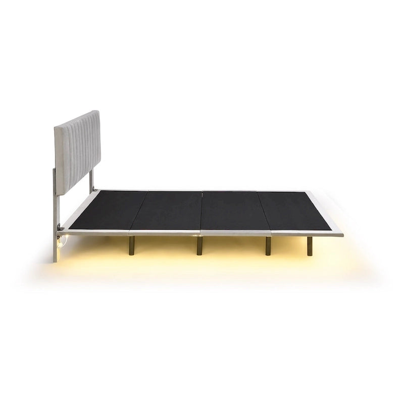 Lit plateforme en velours capitonné avec capteur de mouvement, tête de lit capitonnée gris rose beige
