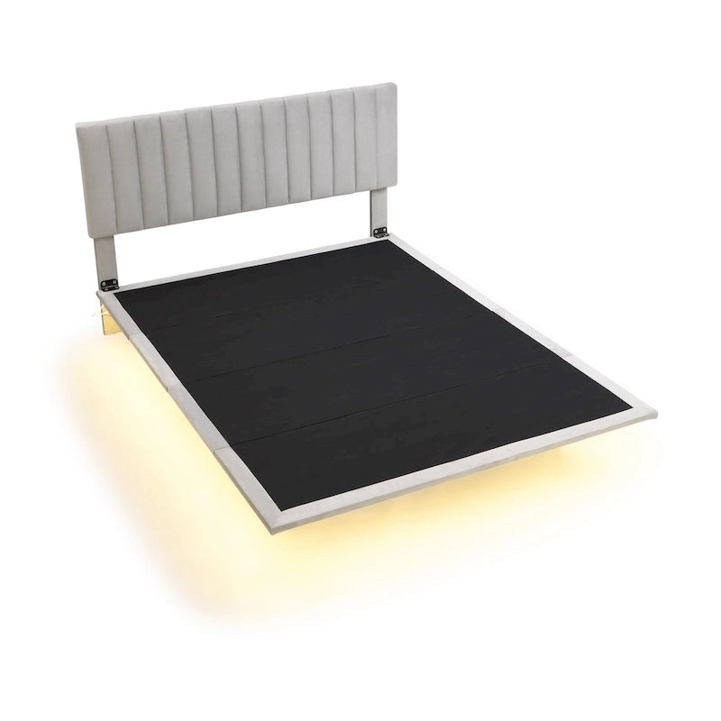 Lit plateforme en velours capitonné avec capteur de mouvement, tête de lit capitonnée gris rose beige
