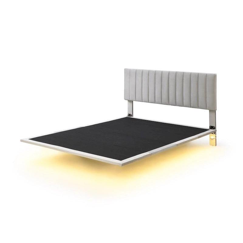 Lit plateforme en velours capitonné avec capteur de mouvement, tête de lit capitonnée gris rose beige