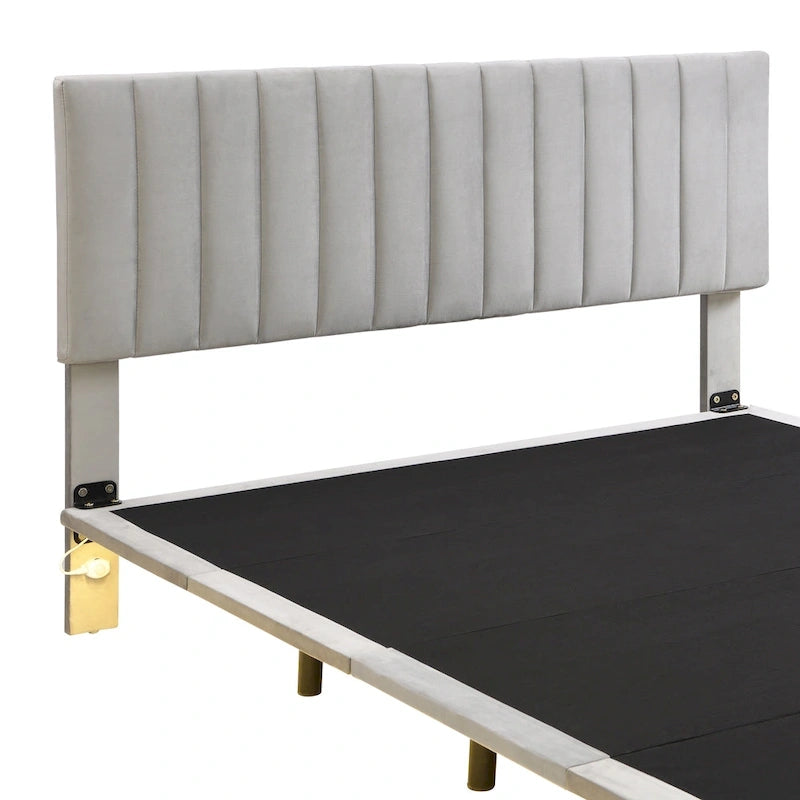 Lit plateforme en velours capitonné avec capteur de mouvement, tête de lit capitonnée gris rose beige