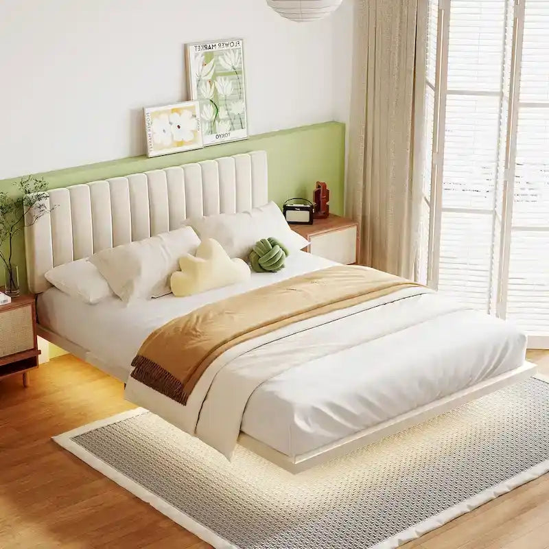 Lit plateforme en velours capitonné avec capteur de mouvement, tête de lit capitonnée gris rose beige
