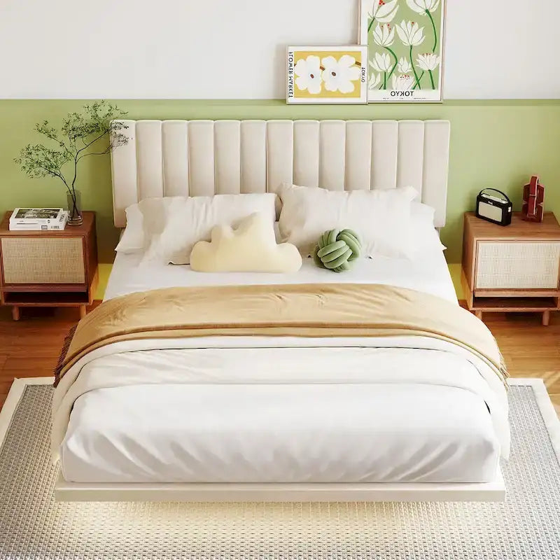 Lit plateforme en velours capitonné avec capteur de mouvement, tête de lit capitonnée gris rose beige