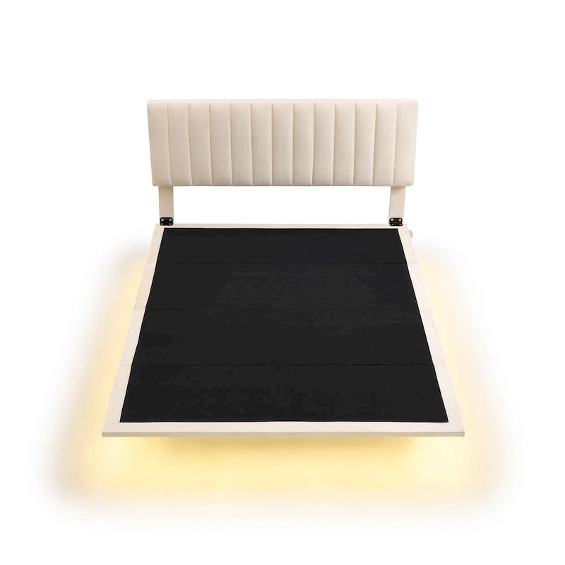 Lit plateforme en velours capitonné avec capteur de mouvement, tête de lit capitonnée gris rose beige