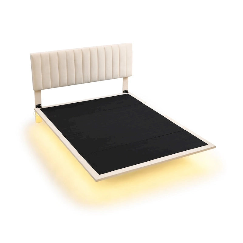 Lit plateforme en velours capitonné avec capteur de mouvement, tête de lit capitonnée gris rose beige