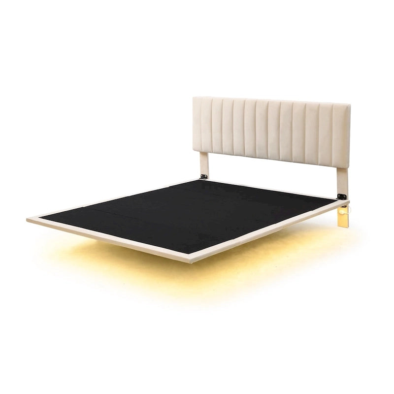 Lit plateforme en velours capitonné avec capteur de mouvement, tête de lit capitonnée gris rose beige
