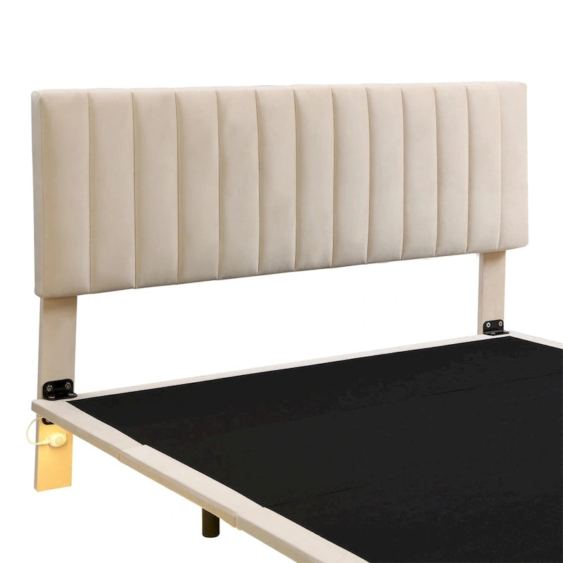 Lit plateforme en velours capitonné avec capteur de mouvement, tête de lit capitonnée gris rose beige