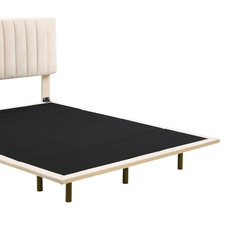 Lit plateforme en velours capitonné avec capteur de mouvement, tête de lit capitonnée gris rose beige