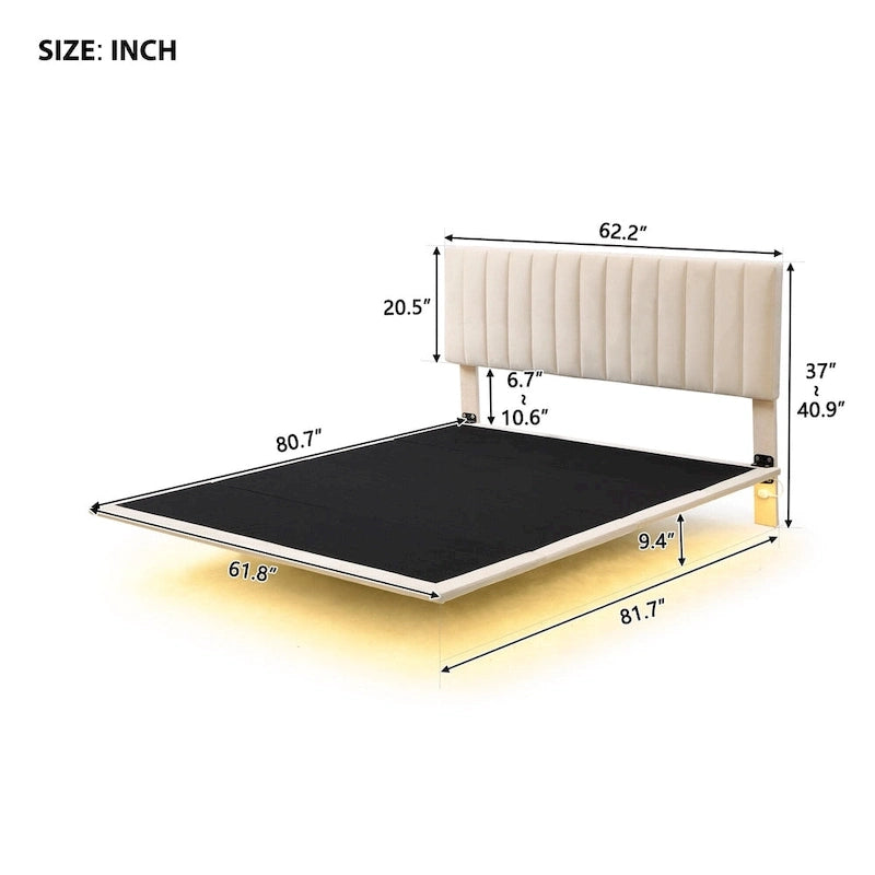 Lit plateforme en velours capitonné avec capteur de mouvement, tête de lit capitonnée gris rose beige