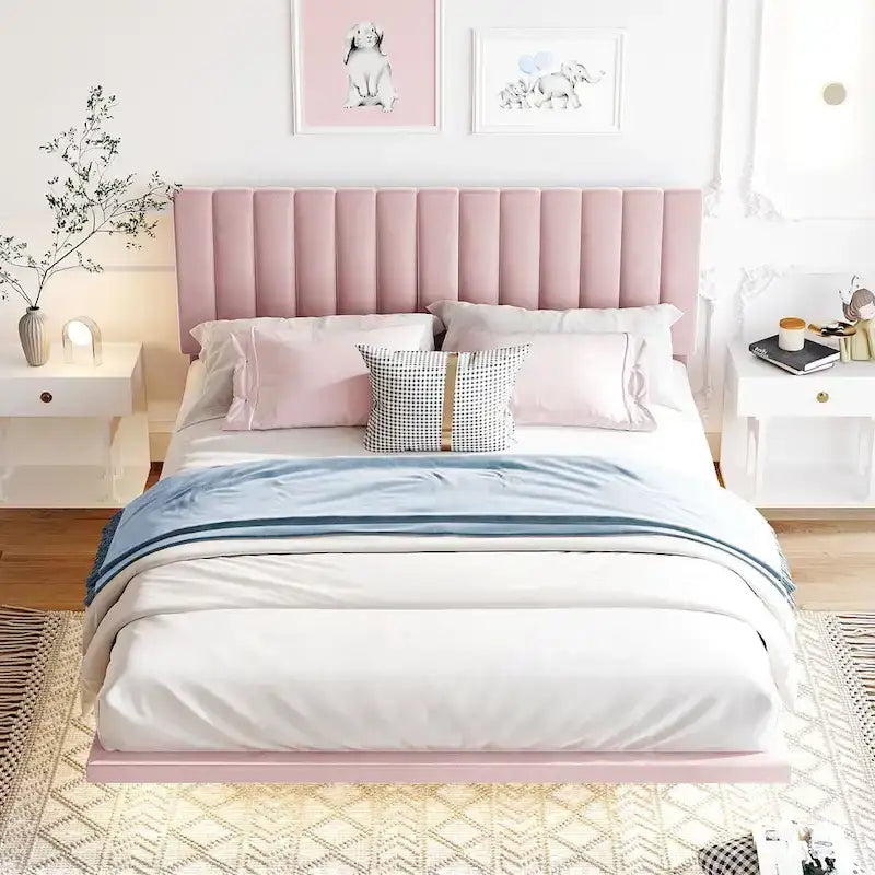 Lit plateforme en velours capitonné avec capteur de mouvement, tête de lit capitonnée gris rose beige