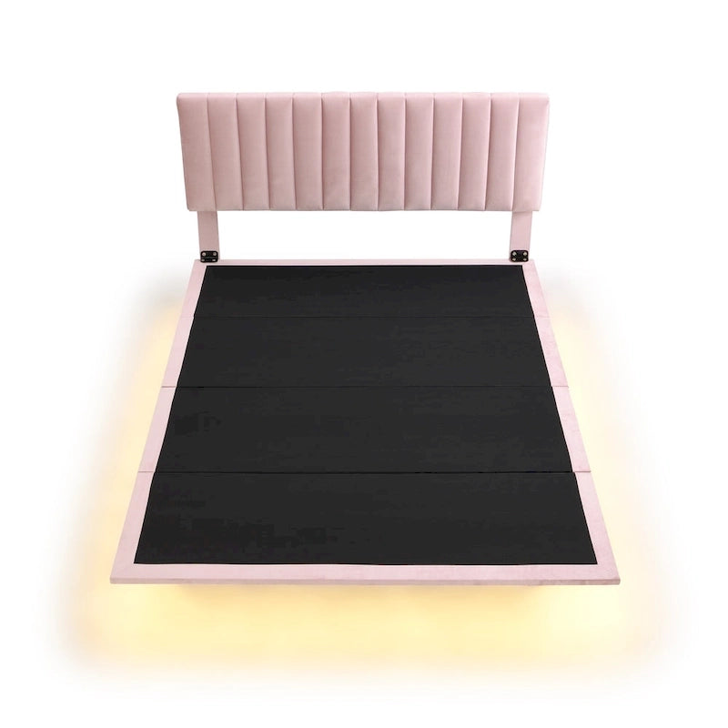 Lit plateforme en velours capitonné avec capteur de mouvement, tête de lit capitonnée gris rose beige