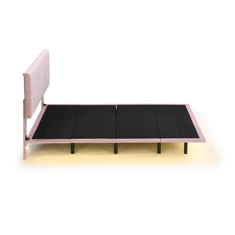 Lit plateforme en velours capitonné avec capteur de mouvement, tête de lit capitonnée gris rose beige