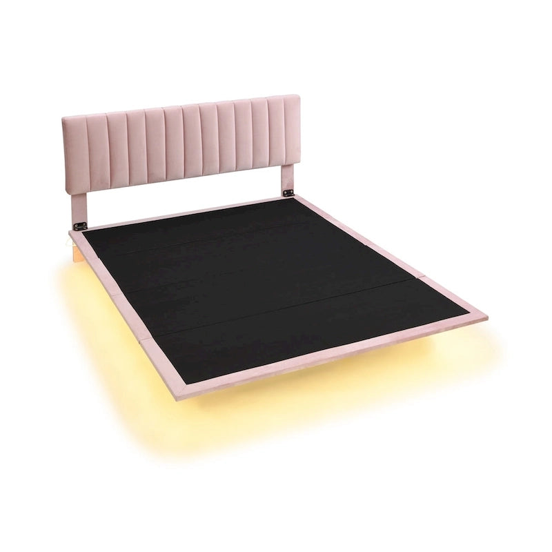 Lit plateforme en velours capitonné avec capteur de mouvement, tête de lit capitonnée gris rose beige