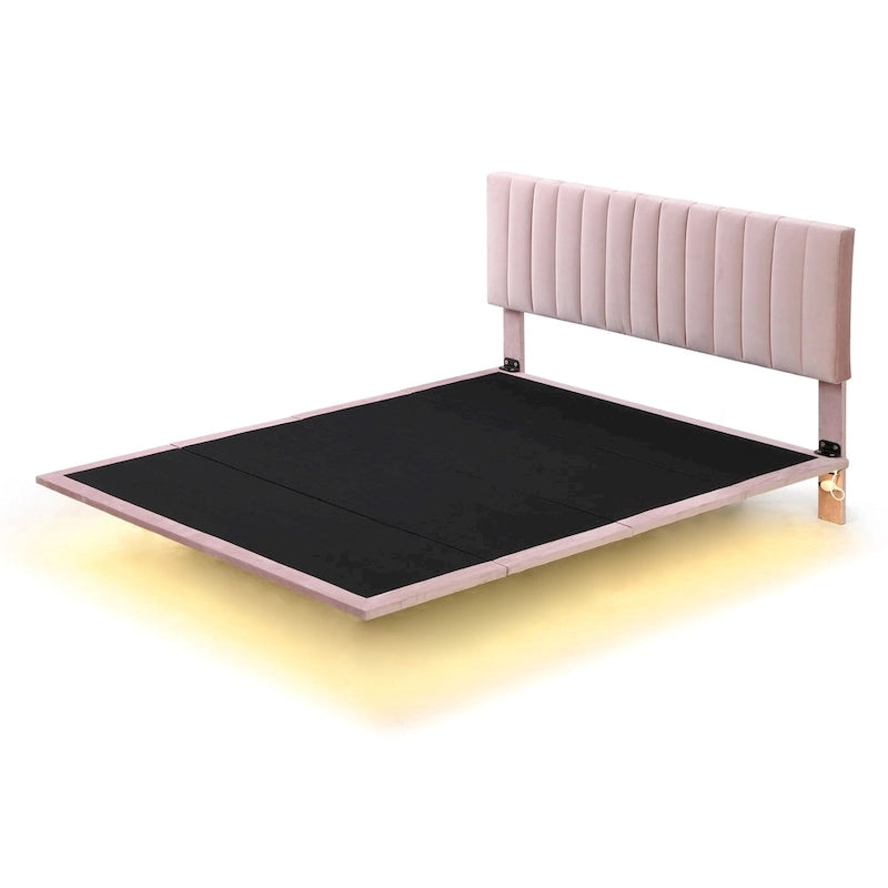 Lit plateforme en velours capitonné avec capteur de mouvement, tête de lit capitonnée gris rose beige
