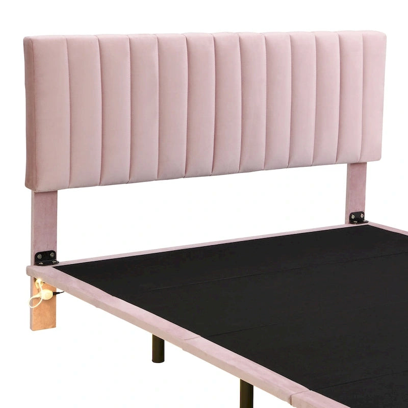 Lit plateforme en velours capitonné avec capteur de mouvement, tête de lit capitonnée gris rose beige