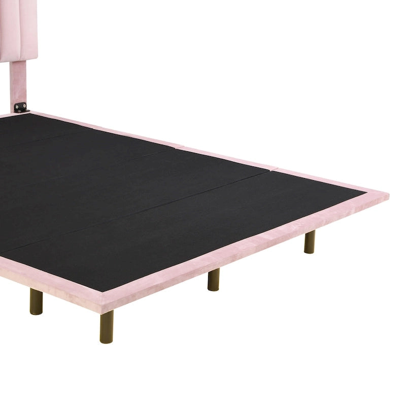 Lit plateforme en velours capitonné avec capteur de mouvement, tête de lit capitonnée gris rose beige