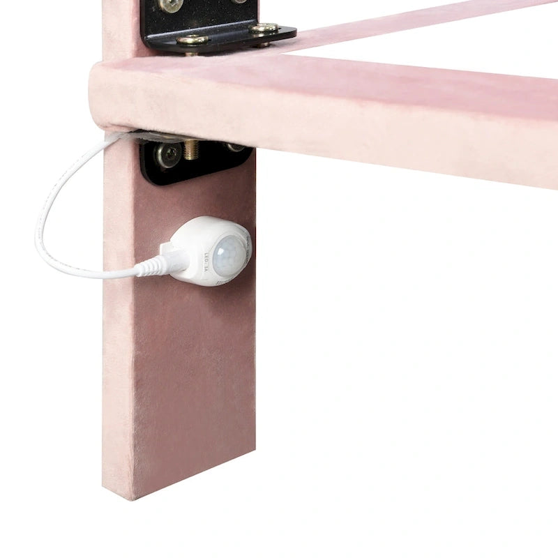 Lit plateforme en velours capitonné avec capteur de mouvement, tête de lit capitonnée gris rose beige