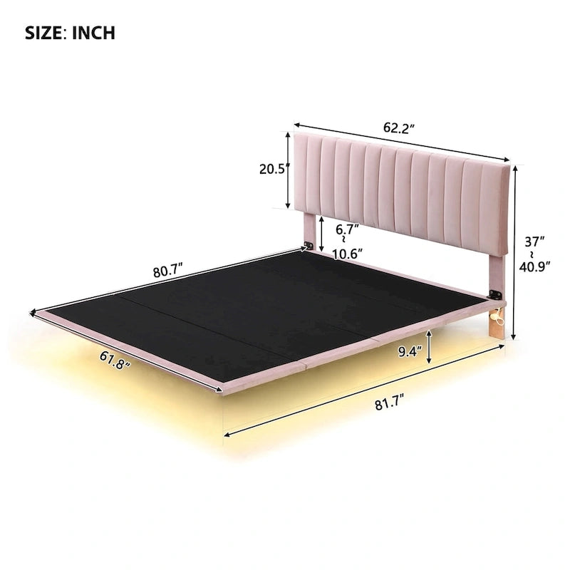 Lit plateforme en velours capitonné avec capteur de mouvement, tête de lit capitonnée gris rose beige
