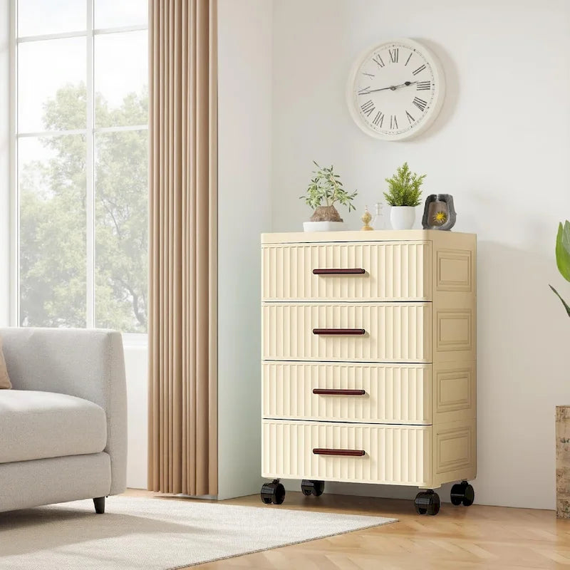 Commode de chevet en plastique crème avec roulettes et poignées en bois