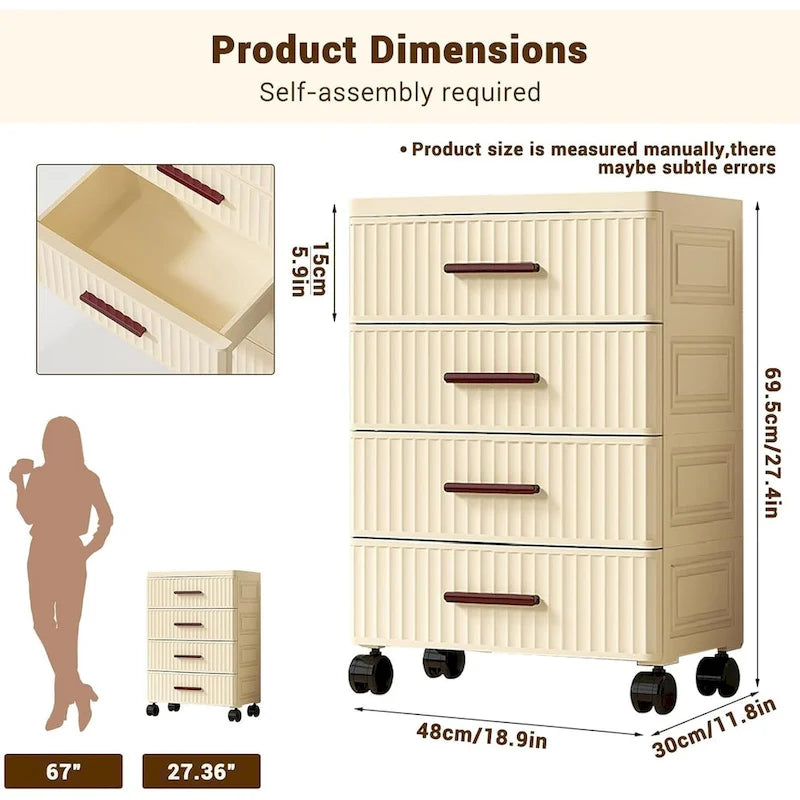 Commode de chevet en plastique crème avec roulettes et poignées en bois