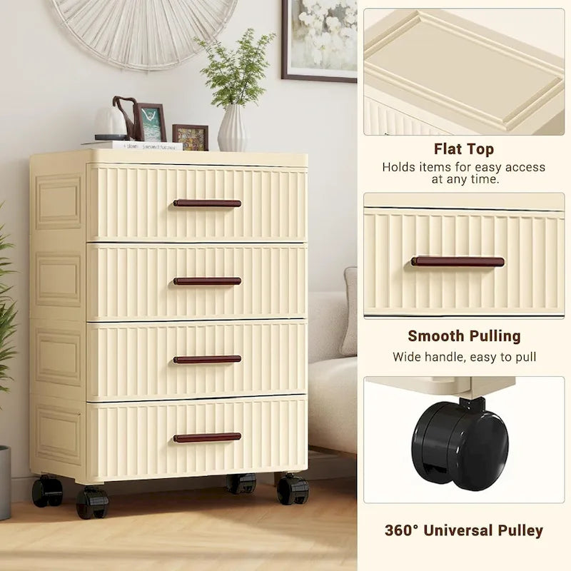 Commode de chevet en plastique crème avec roulettes et poignées en bois