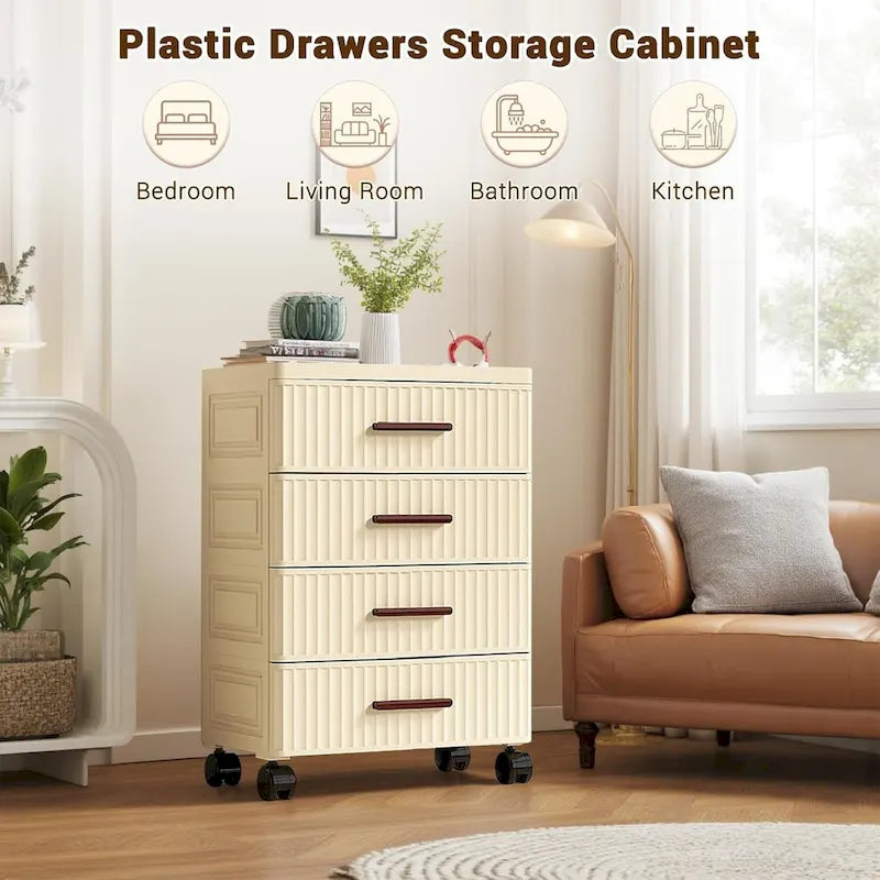 Commode de chevet en plastique crème avec roulettes et poignées en bois