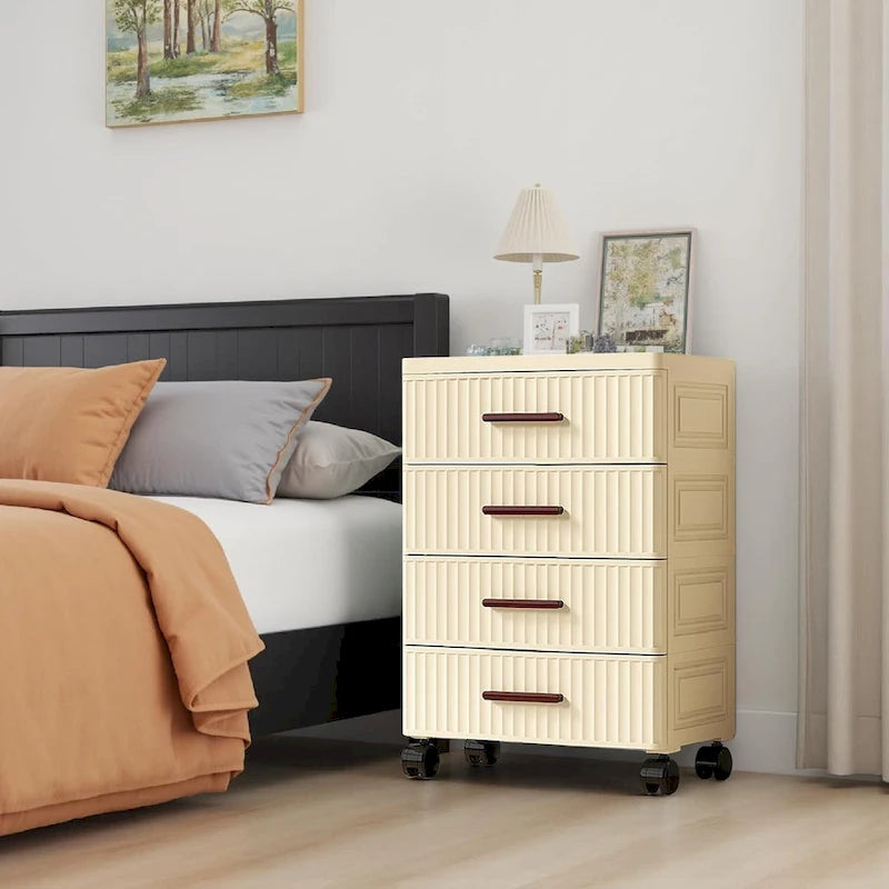 Commode de chevet en plastique crème avec roulettes et poignées en bois