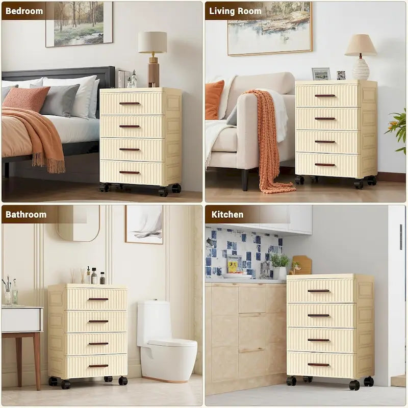 Commode de chevet en plastique crème avec roulettes et poignées en bois