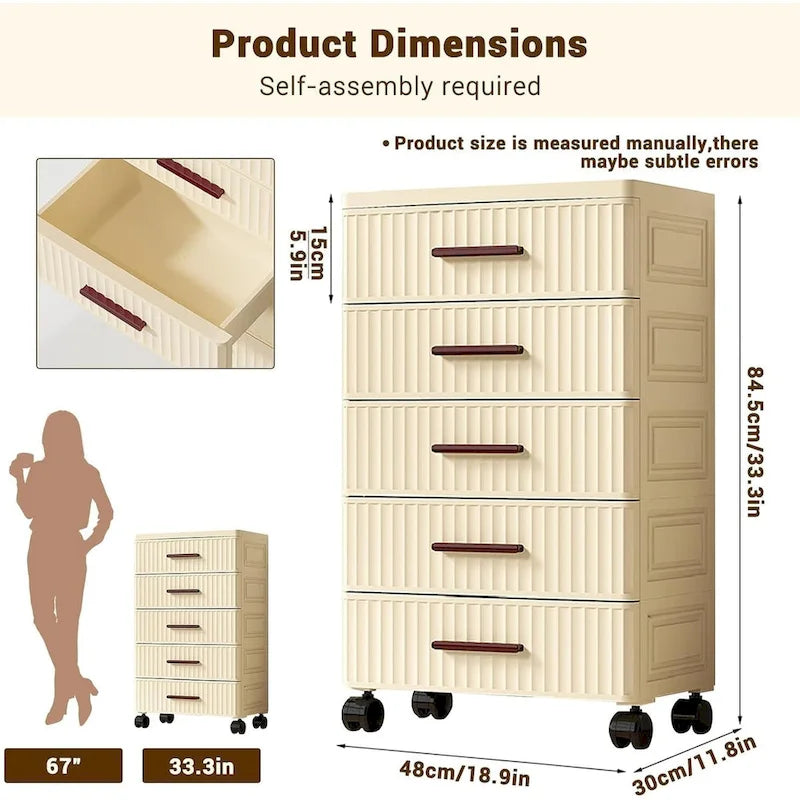 Commode de chevet en plastique crème avec roulettes et poignées en bois