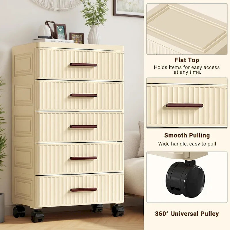 Commode de chevet en plastique crème avec roulettes et poignées en bois