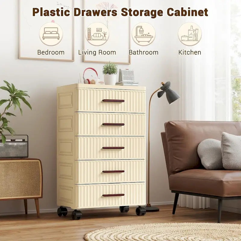 Commode de chevet en plastique crème avec roulettes et poignées en bois