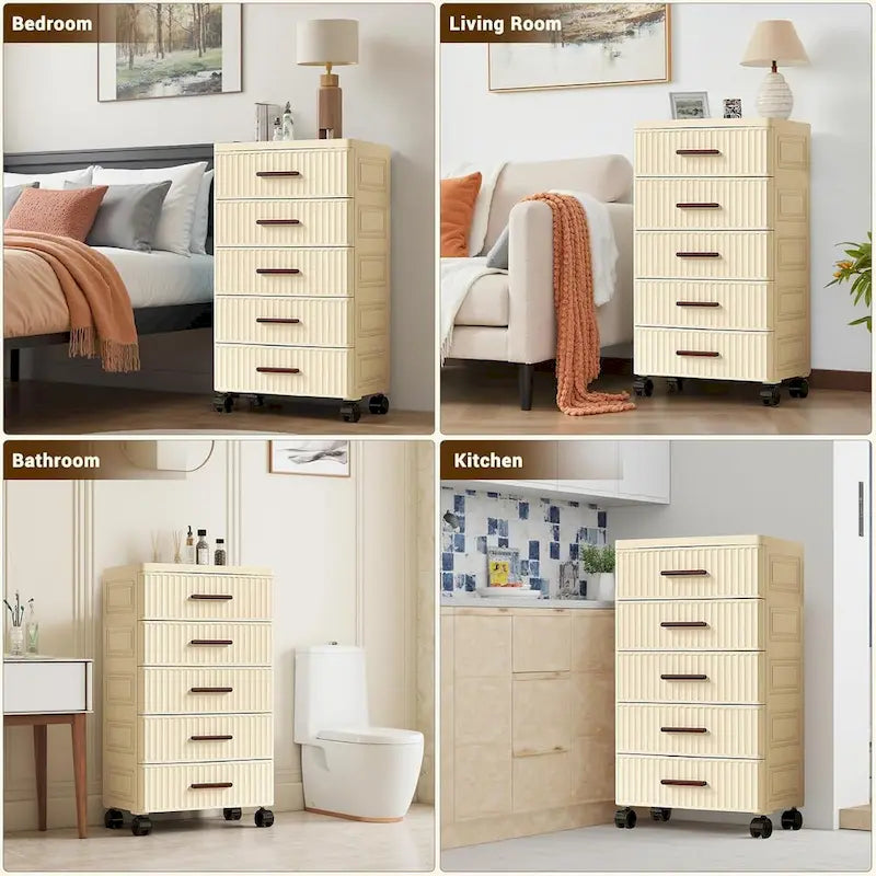 Commode de chevet en plastique crème avec roulettes et poignées en bois