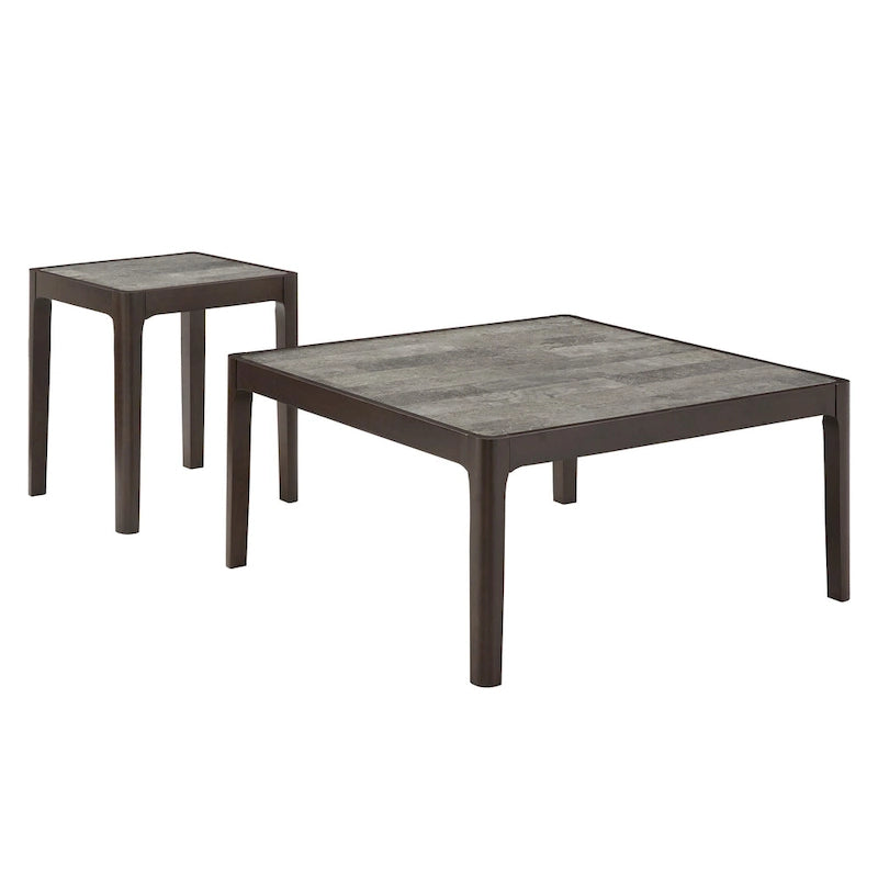 Table basse carrée à plateau effet marbre Noyer foncé Structure en hévéa Gris moderne