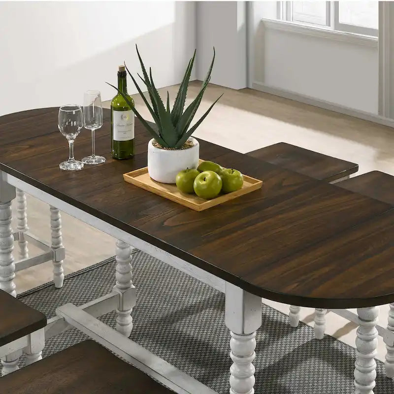 Table de salle à manger à hauteur de comptoir avec rallonges couleur noyer foncé et pieds tournés blanc vieilli