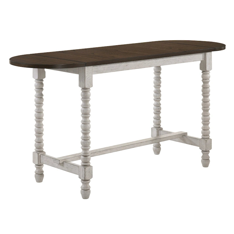 Table de salle à manger à hauteur de comptoir avec rallonges couleur noyer foncé et pieds tournés blanc vieilli