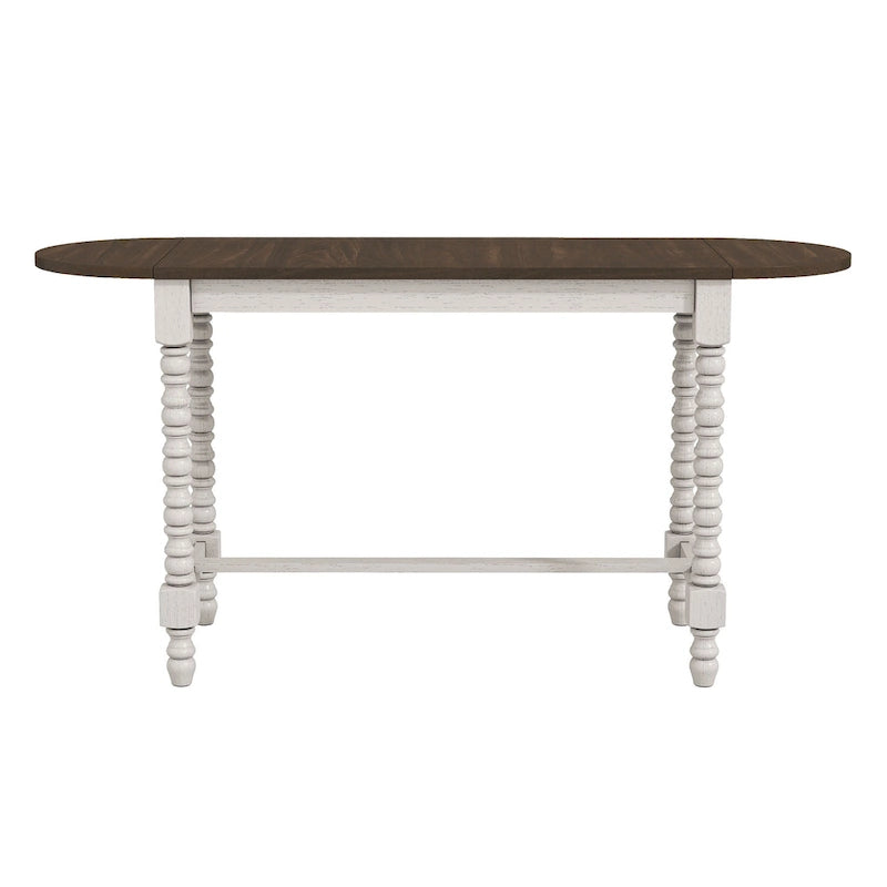 Table de salle à manger à hauteur de comptoir avec rallonges couleur noyer foncé et pieds tournés blanc vieilli