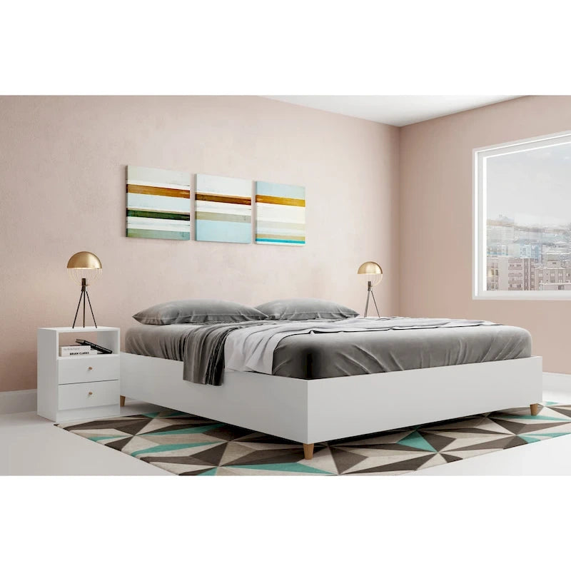 Cadre de lit plateforme moderne bas Marron beige Blanc MDF