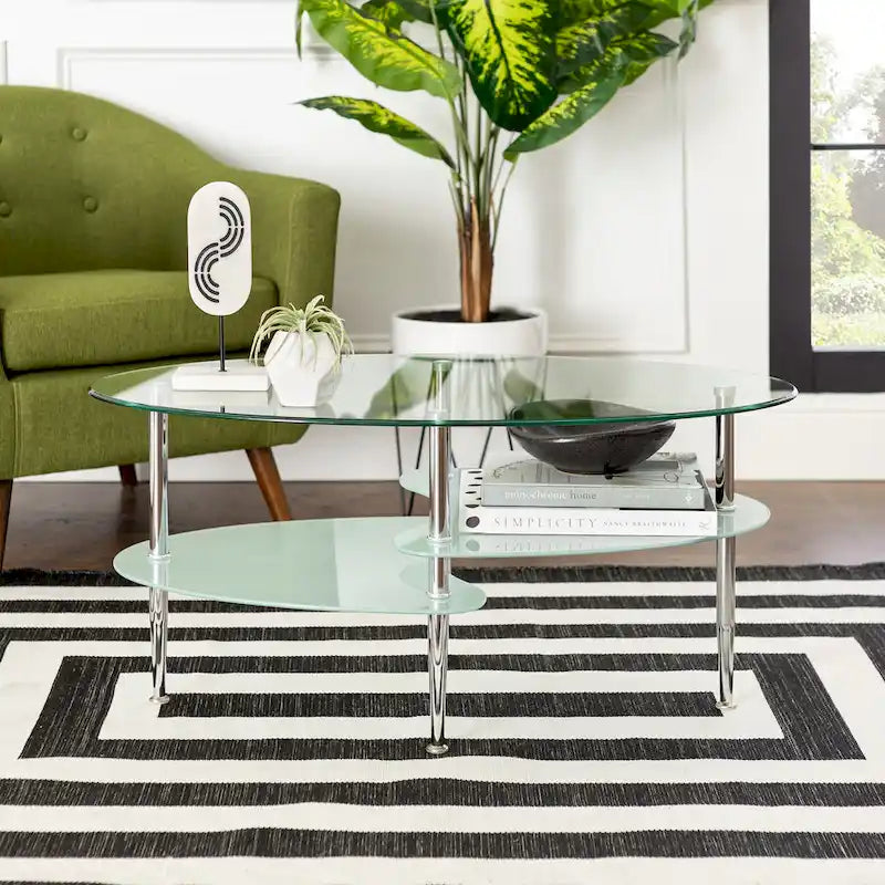 Table basse ovale en verre avec pieds chromés et étagère inférieure dépolie argentée