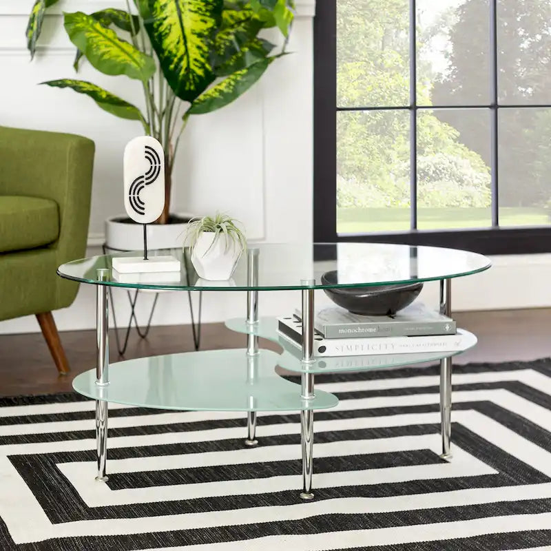 Table basse ovale en verre avec pieds chromés et étagère inférieure dépolie argentée