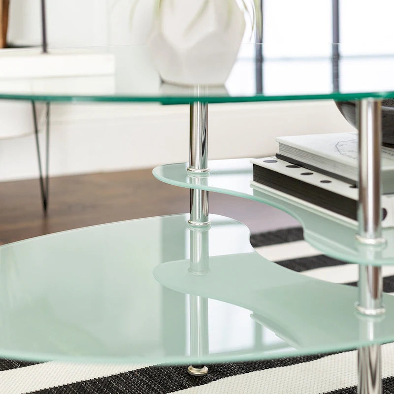 Table basse ovale en verre avec pieds chromés et étagère inférieure dépolie argentée