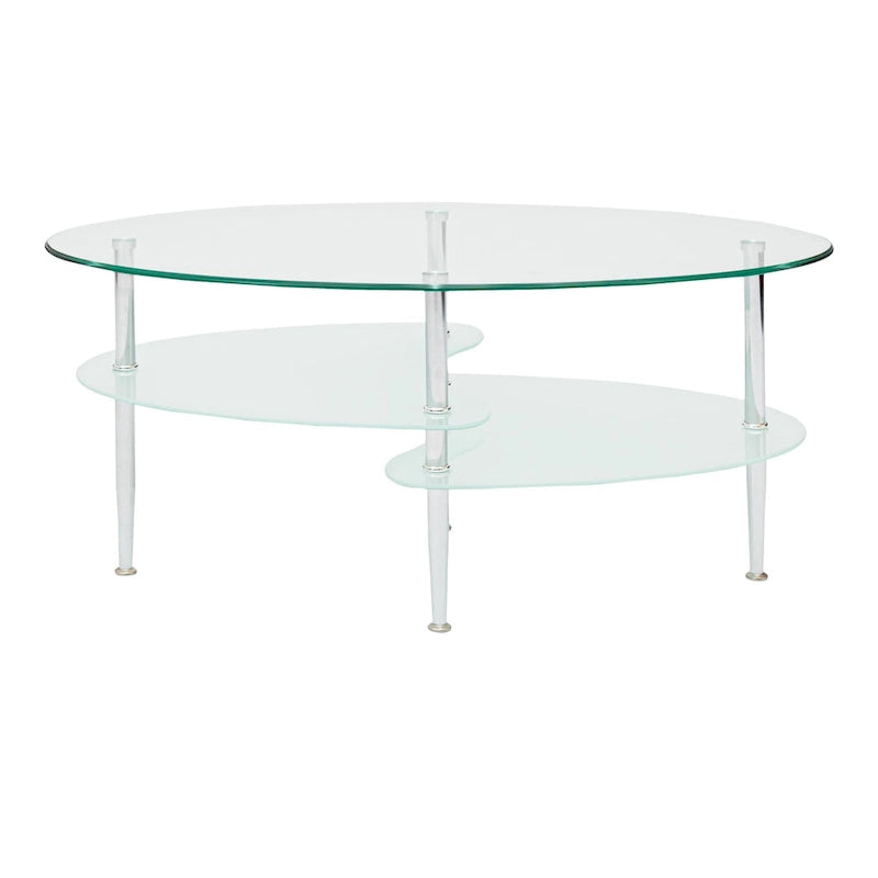 Table basse ovale en verre avec pieds chromés et étagère inférieure dépolie argentée