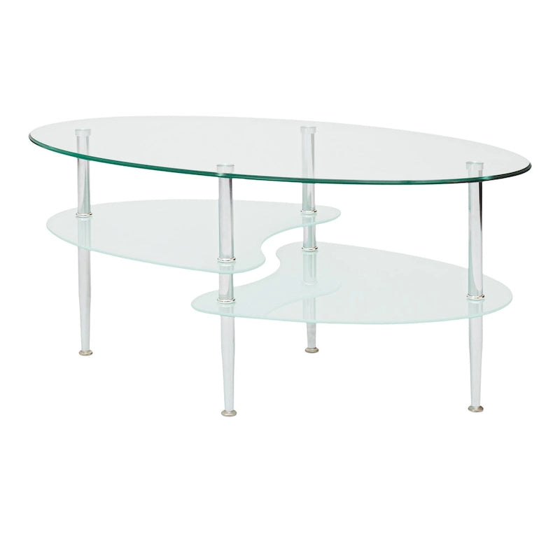 Table basse ovale en verre avec pieds chromés et étagère inférieure dépolie argentée