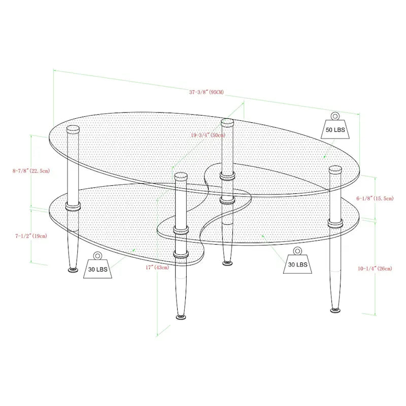 Table basse ovale en verre avec pieds chromés et étagère inférieure dépolie argentée